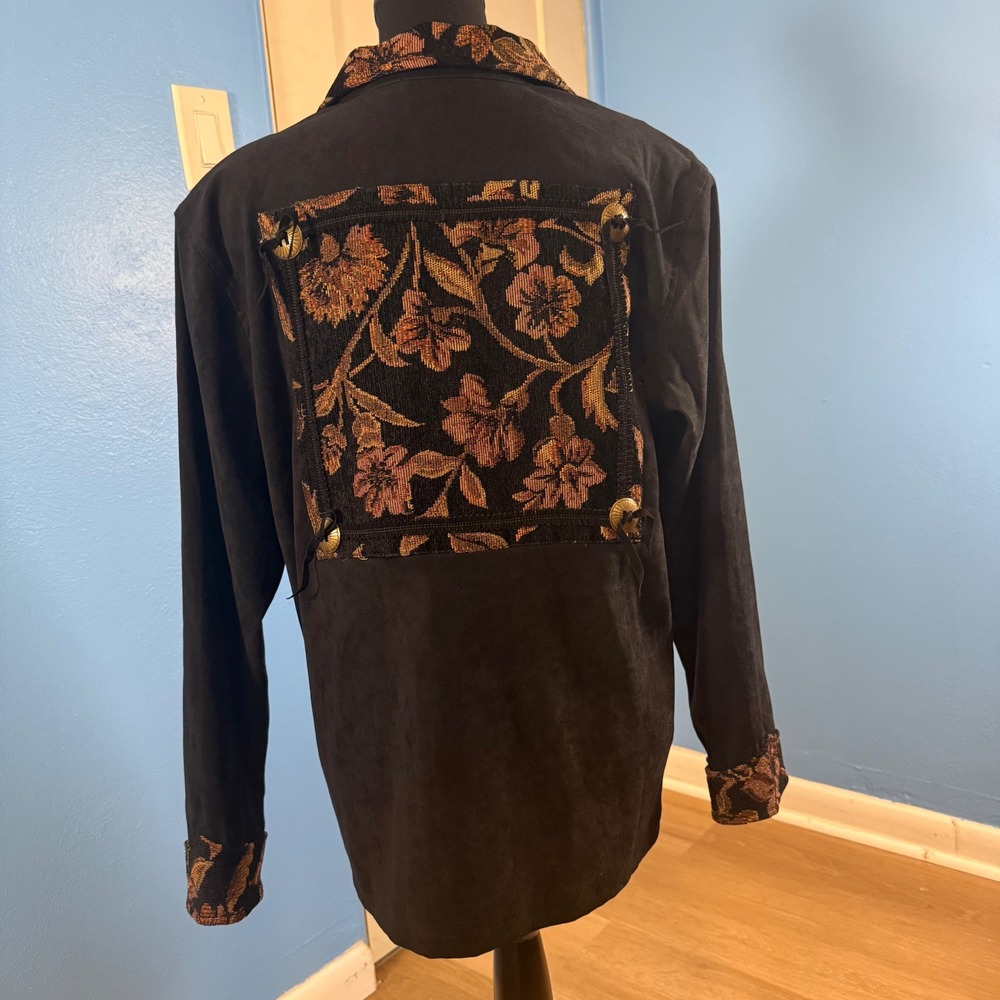 Susan Graver Black Faux Suede Tapestry Patchwork Jacket Floral Southwestern Med
